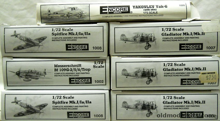 Encore 1/72 (3) Gladiator Mk.I/II / (2) Spitfire Mk.I/Ia/Iia / Messerschmitt Bf-109 G-2/5/6/Trop / Yak-6 plastic model kit